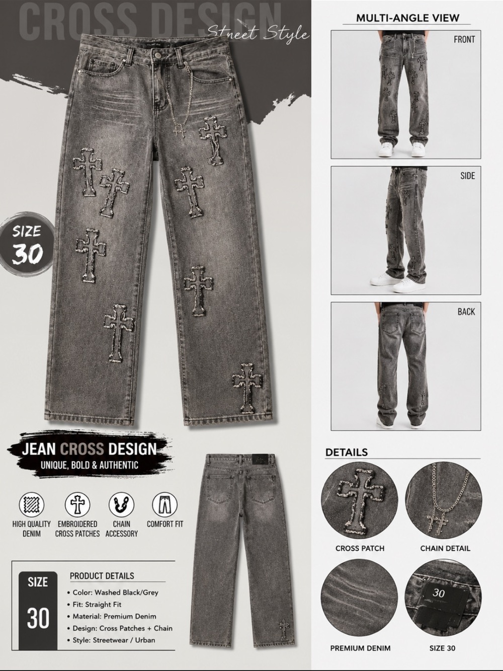 Washed Black/Grey Cross Patch Men’s Jeans - Streetwear